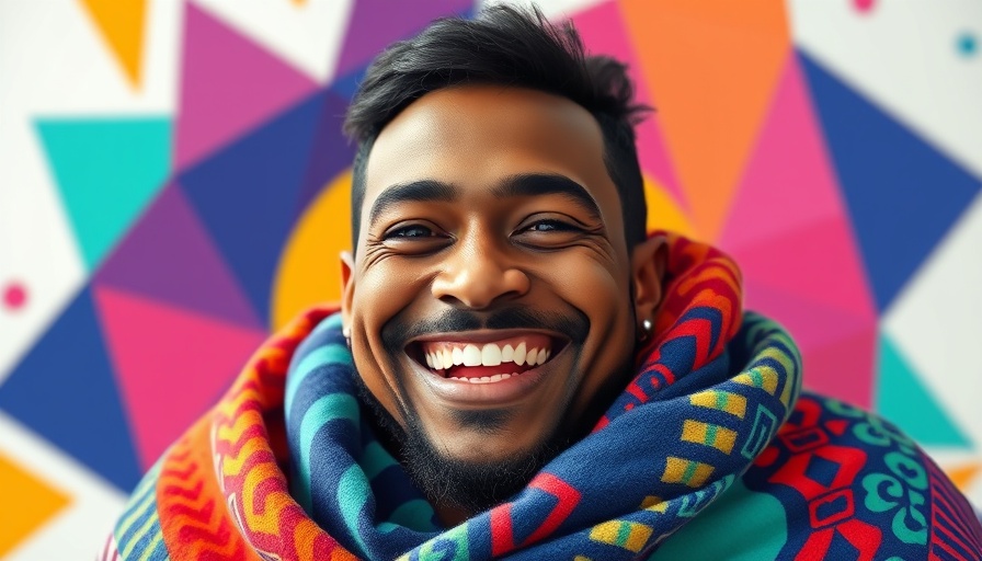 Vibrant portrait of smiling man wrapped in blanket, geometric background.