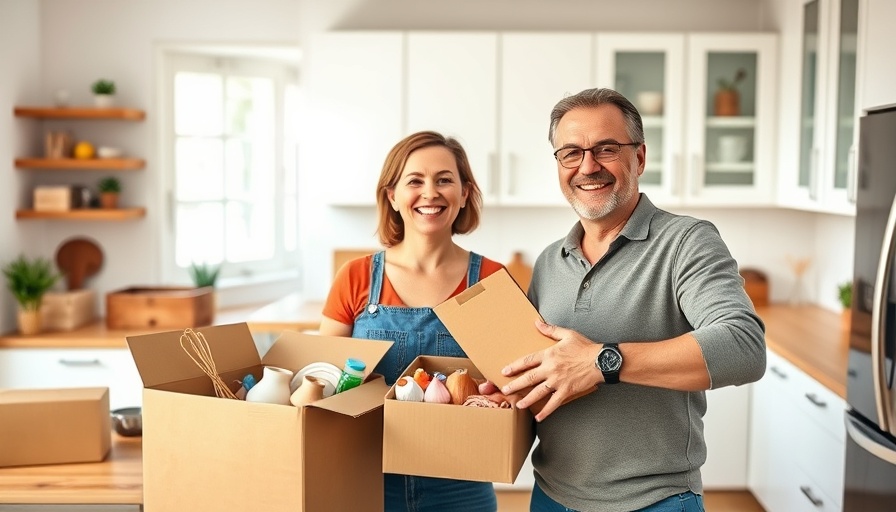 Happy couple downsizing after retirement by packing kitchen items.