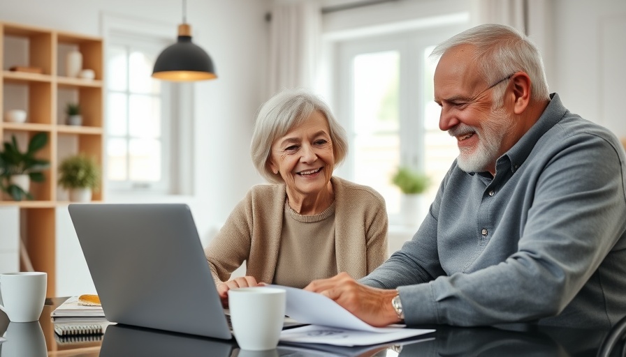 Older couple budgeting on laptop, discussing finances, bright home.