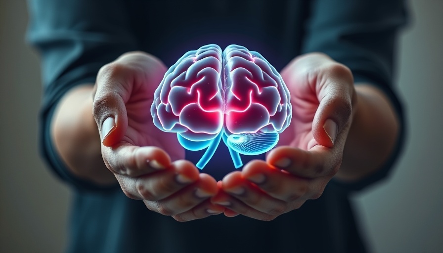 Supportive hands holding glowing brain hologram, brain health.