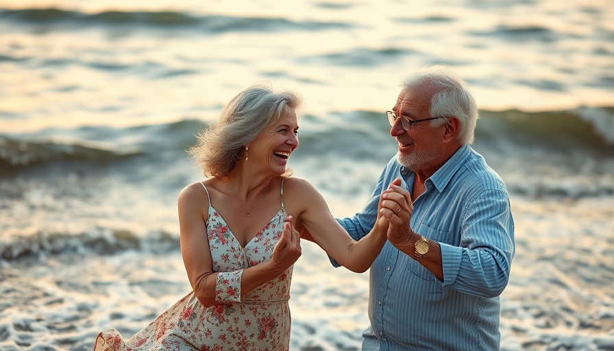 Elderly couple enjoying dancing on the beach, travel insurance for seniors.