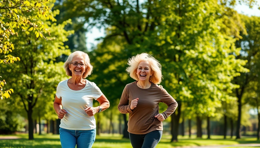 Seniors jogging happily in a sunny park for sports.
