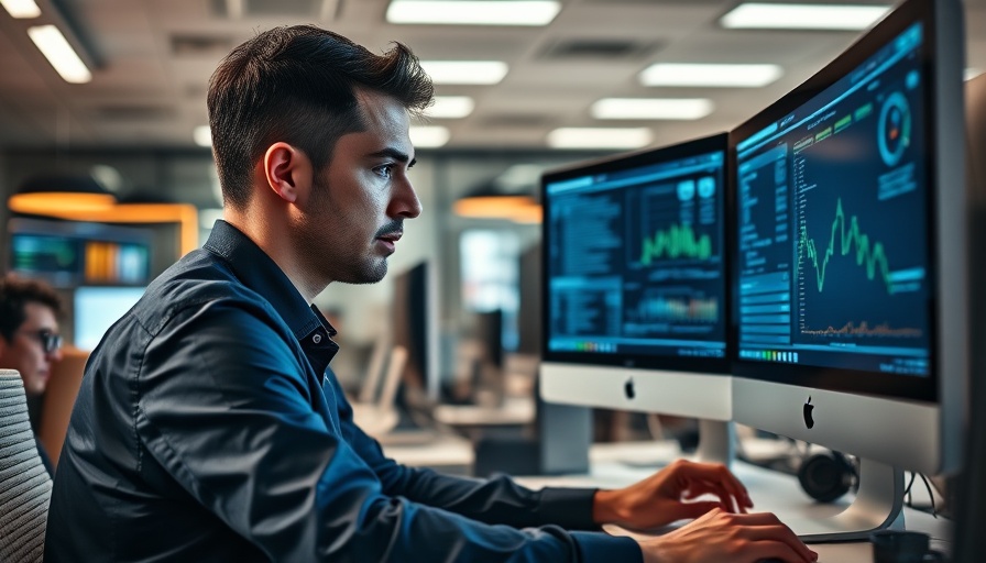 Office worker analyzing data on multiple monitors in office.