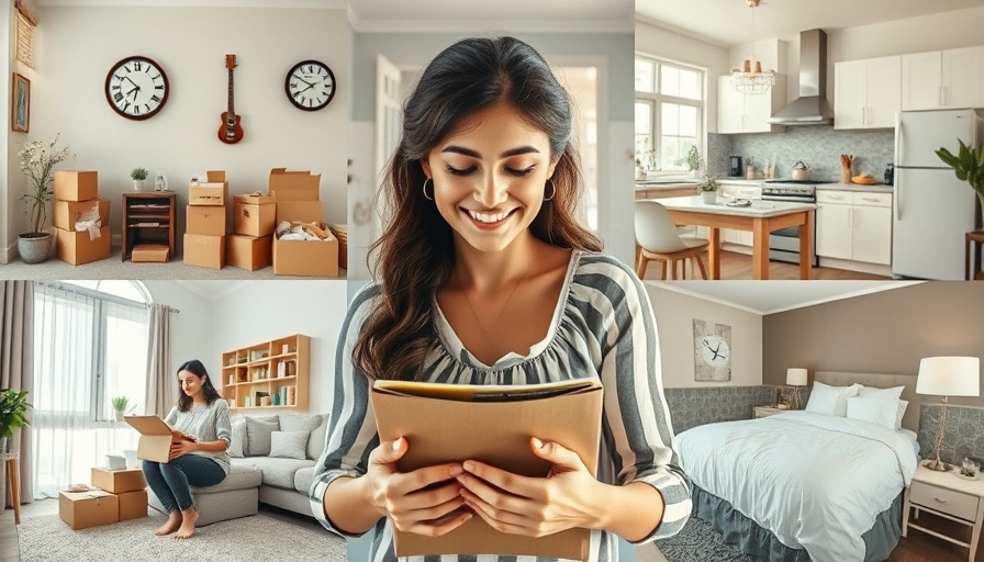 Home moving tips collage with young woman organizing rooms.
