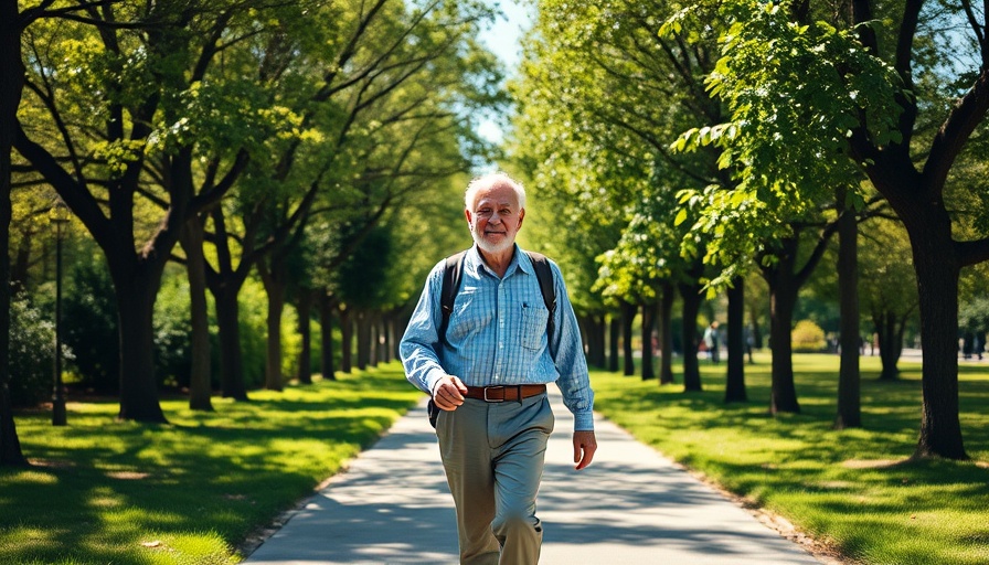 Older man promotes men's bone health awareness walking in a lush park.