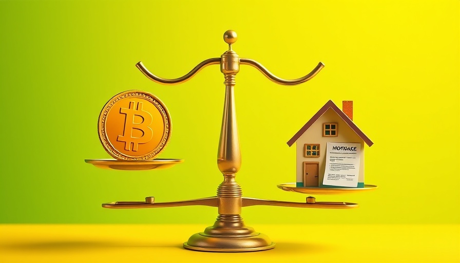 Balance scale with Bitcoin and mortgage, vibrant illustration