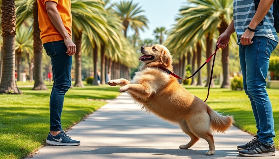 Golden retriever joyfully greeting men outside in a park
