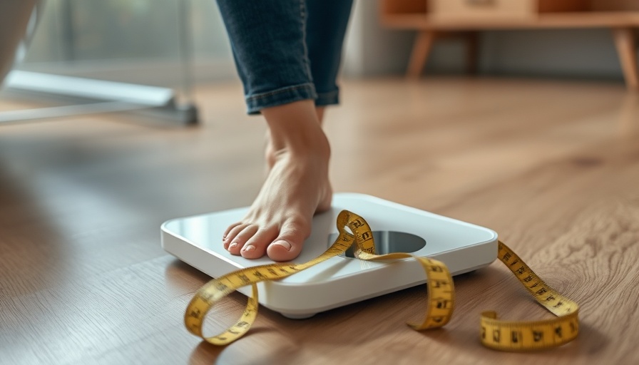 Close-up of foot on scale with measuring tape; MariTide weight loss concept.