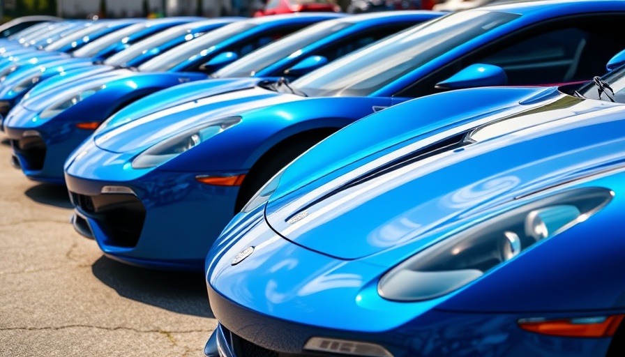 Sleek blue sports cars parked, highlighting UK vehicle production low.