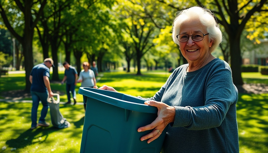 Older woman volunteering after retirement, holding recycling bin in park.
