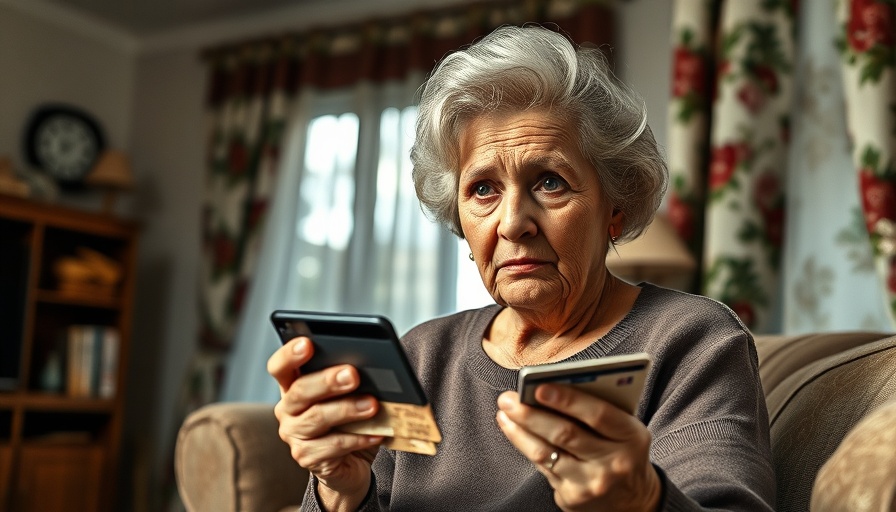 Concerned elderly woman holding phone and credit card, elder scams awareness.