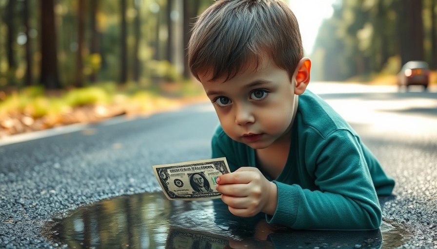 Curious young boy finds money on the street, managing money for free concept.