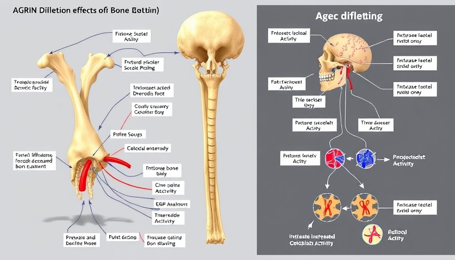 Diagram of agrin's role in balancing bone tissue with osteocytes, osteoclasts, and osteoblasts.