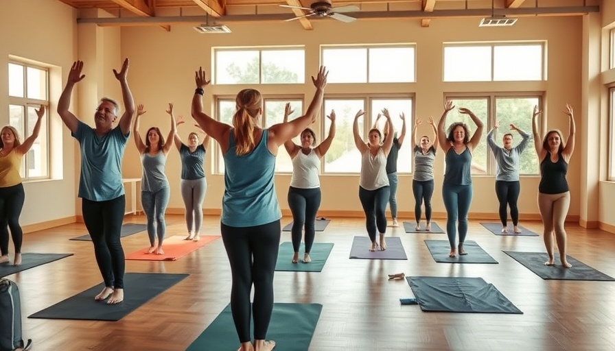 Yoga class promoting community energy wellness in a spacious studio.