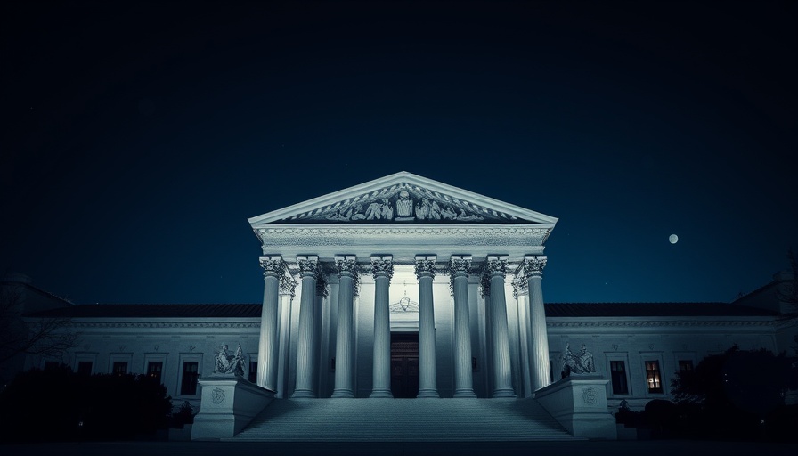 Monochrome Supreme Court building with geometric shapes in dark blue background.