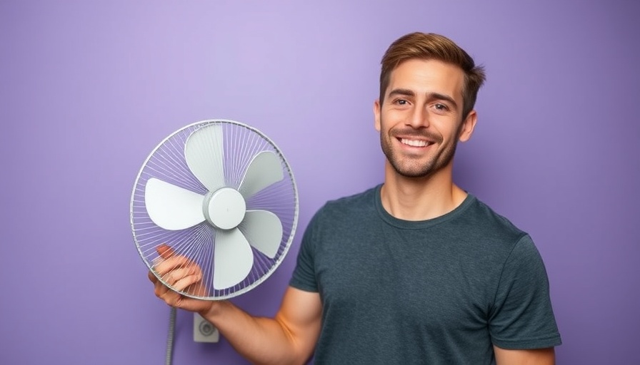Man holding tiny fan, ideal for small bathrooms, smiling confidently.