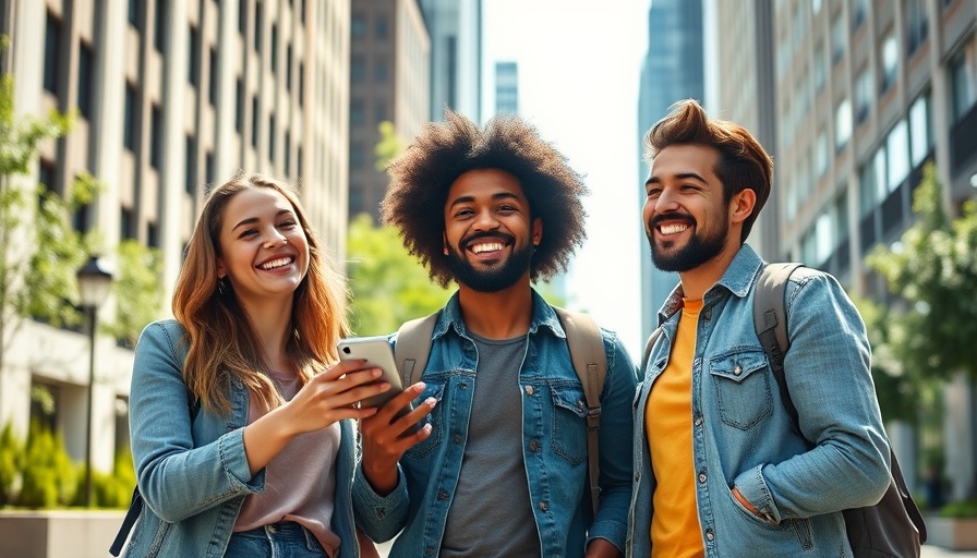Friends guessing celebrity smile with smartphone outdoors.