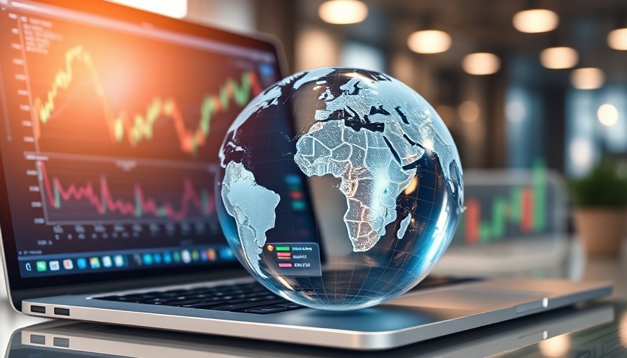 Transparent globe with financial charts on laptop, investing abroad opportunities