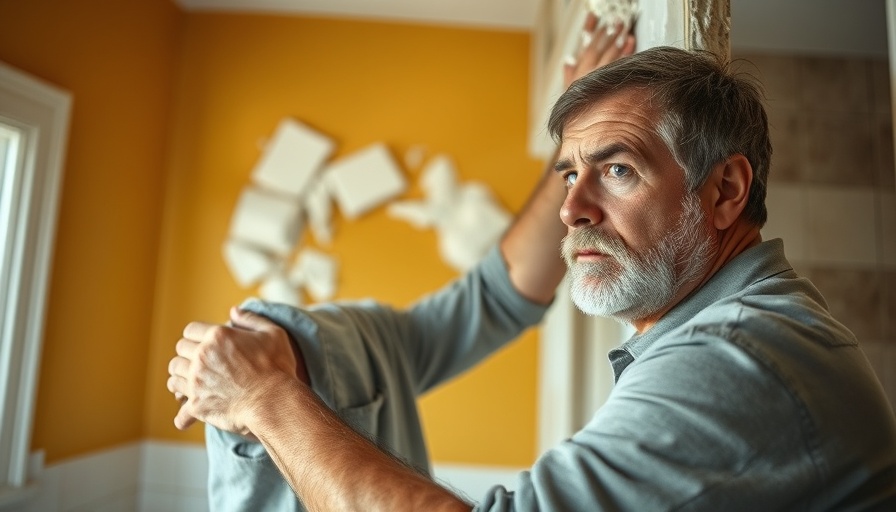 Middle-aged man working on bathroom remodel applying plaster.