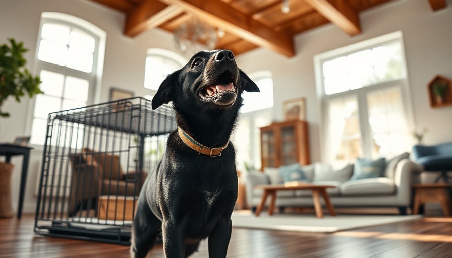 Dog eagerly asks to enter crate in cozy living room setting.