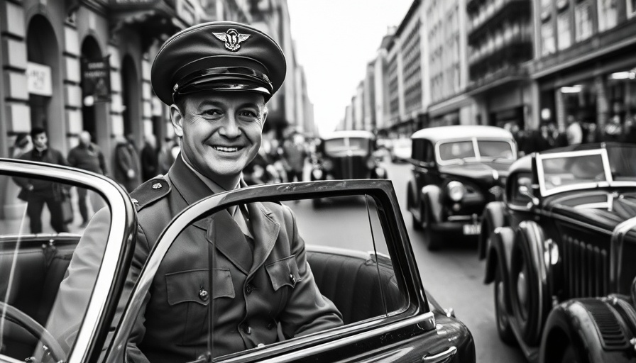 Military officer exits vintage car in historic black and white photo.