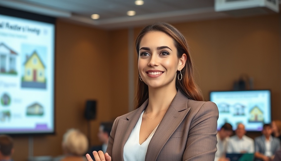 Confident businesswoman discussing real estate investing at seminar.