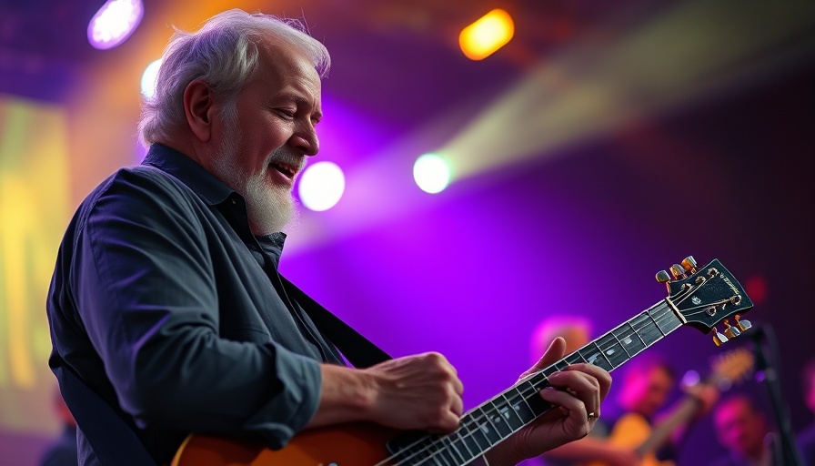 Elderly musician on stage with guitar under warm spotlight.