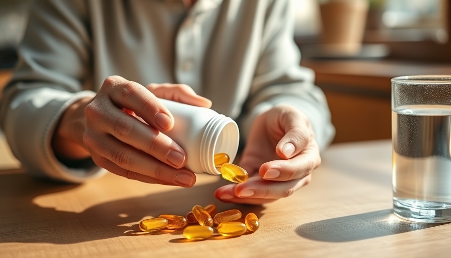 Elderly hands holding vitamin D capsules, sunlight on table, glass of water.