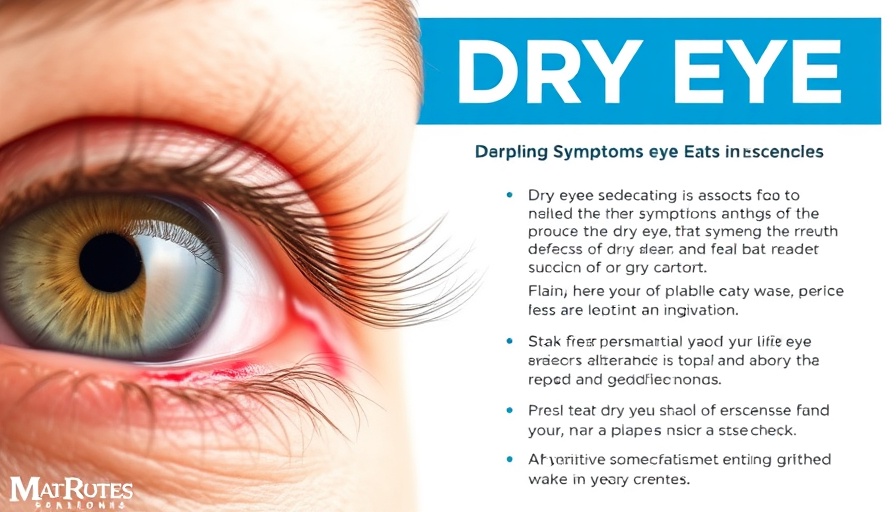 Dry Eye Awareness Month poster highlighting symptoms and resources.