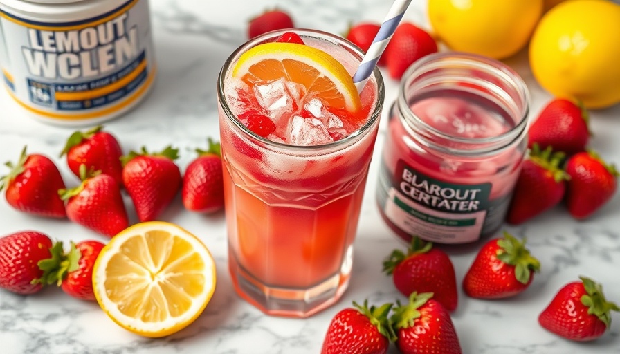 Berry lemonade workout slushie glass with strawberries and lemons on marble.