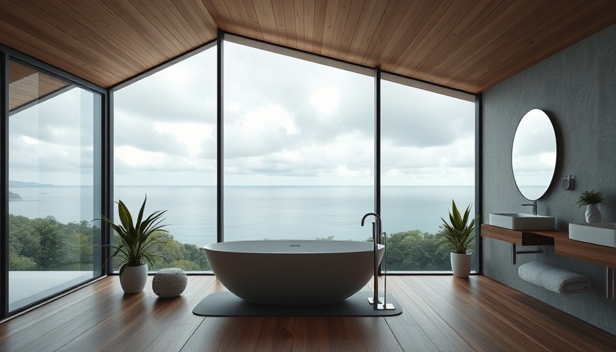 Luxurious en suite bathroom with sea view and wooden decor.