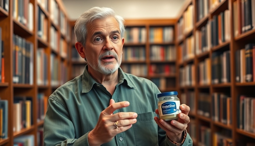 Middle-aged man explaining Veterinary Vaseline Hacks for Dogs and Cats in a library.