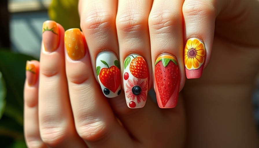 Colorful micro fruit nails with intricate designs on multiple hands.