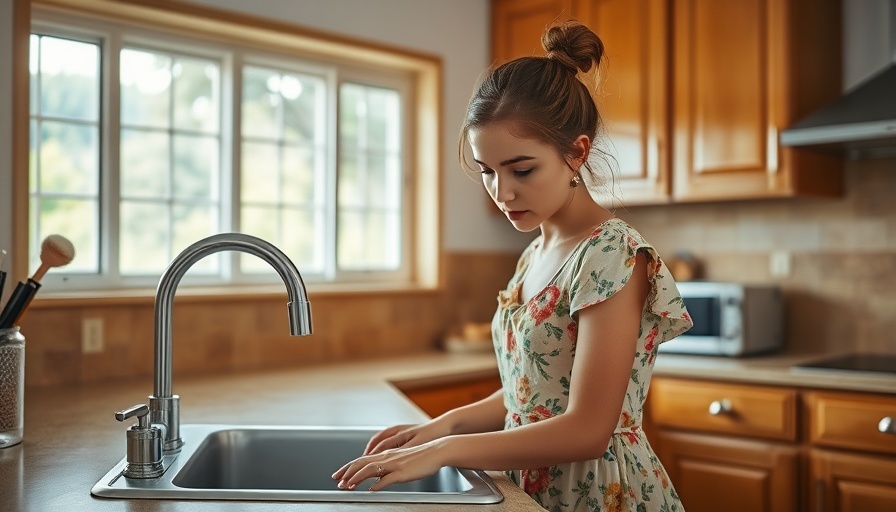 Curious woman confused by home design choices in kitchen.