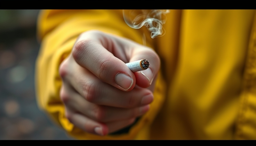 Close-up of hand holding lit cigarette, highlighting smoking risk.
