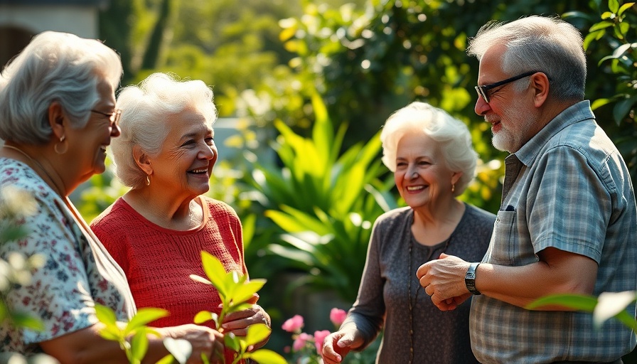 Happy seniors with caregiver outdoors discussing aging in place.
