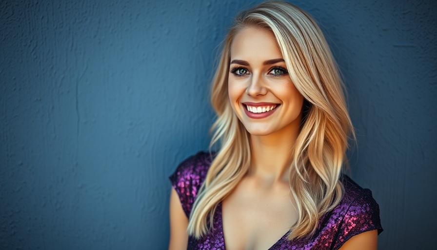 Blonde woman smiling in a sparkly purple dress, blue backdrop.