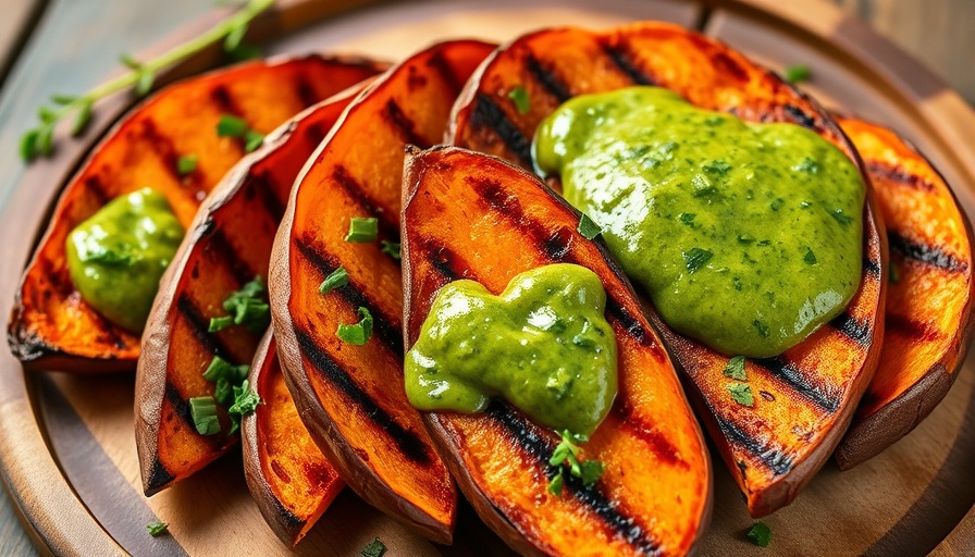 Appetizing grilled sweet potato wedges with herb sauce on a platter for healthy summer grilling.