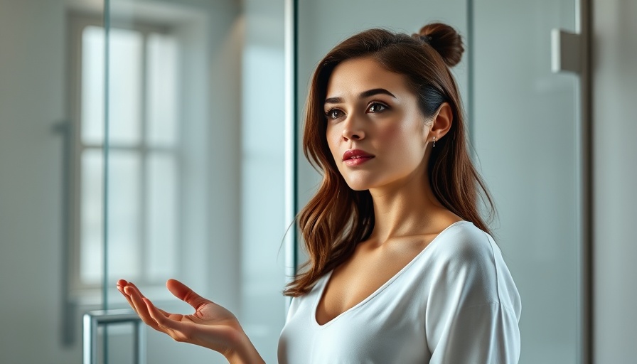 Young woman explaining house flipping profit in modern bathroom.
