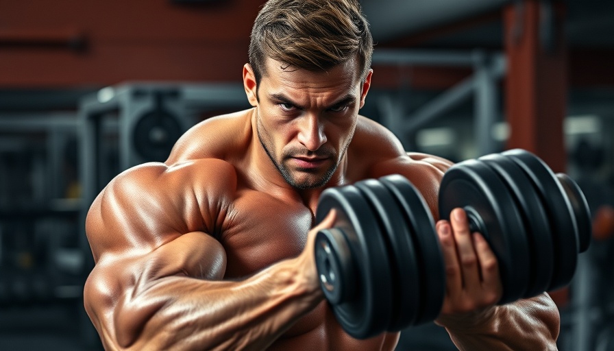 Focused bodybuilder executing a dumbbell curl in gym.