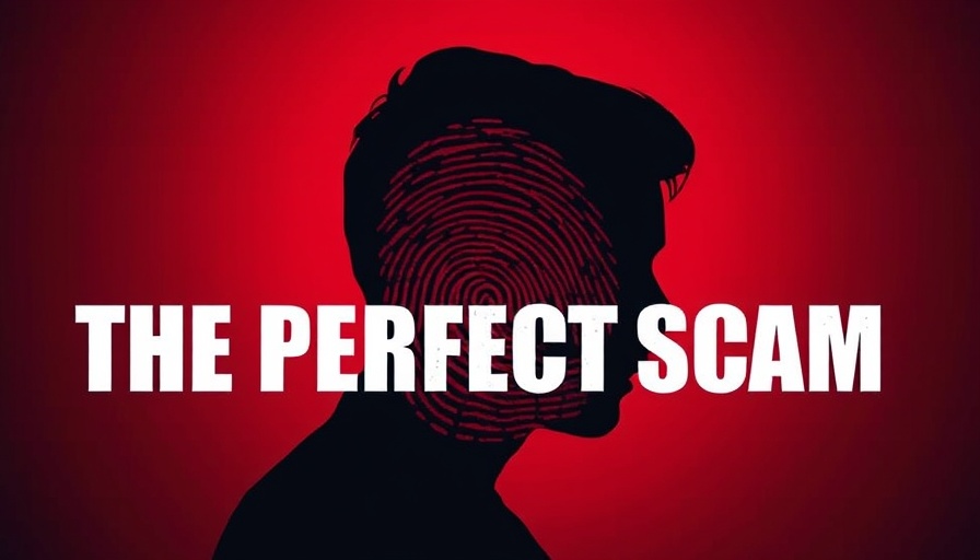 Abstract silhouette with text 'The Perfect Scam' on red background.