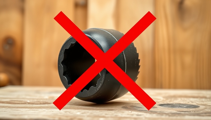 Wood hole saw tips: Close-up of a hole saw against wood with a red X mark.