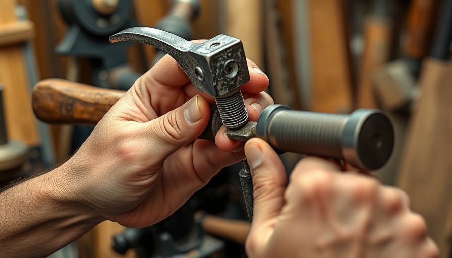 Hands assembling hammer handle using a screw, detailed workshop scene.