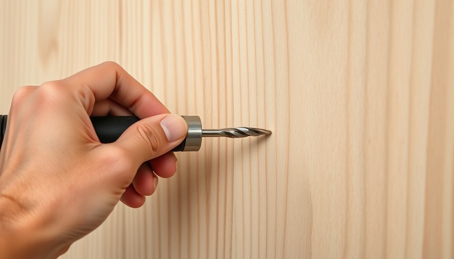 Close-up of a metallic drill bit held above wood.