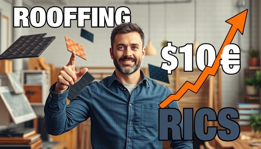Confident man discusses roofing prices with materials and graphics.