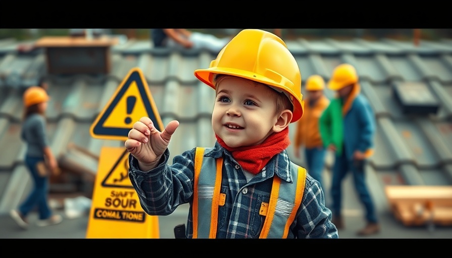 Child mimics OSHA inspection at roofing site, playful scene.