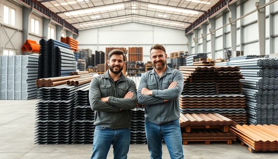 Men in Florida roofing supply warehouse, showcasing products.
