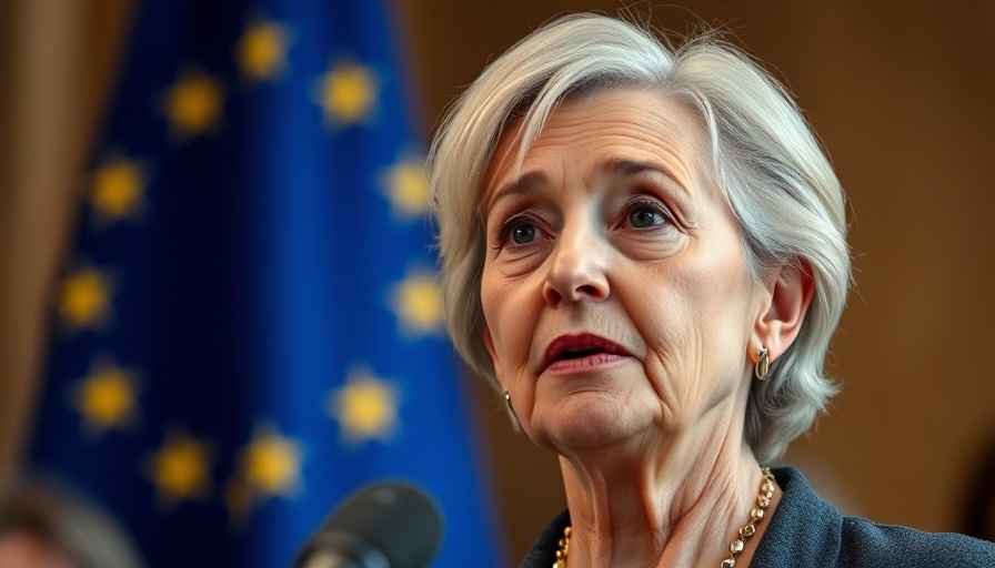 Portrait of a woman speaking with EU flag backdrop regarding the EU-US trade deal.