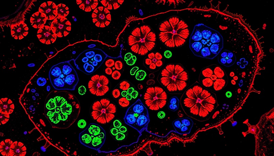 Fluorescent jawbone organoids from patient iPS cells, microscopic view.