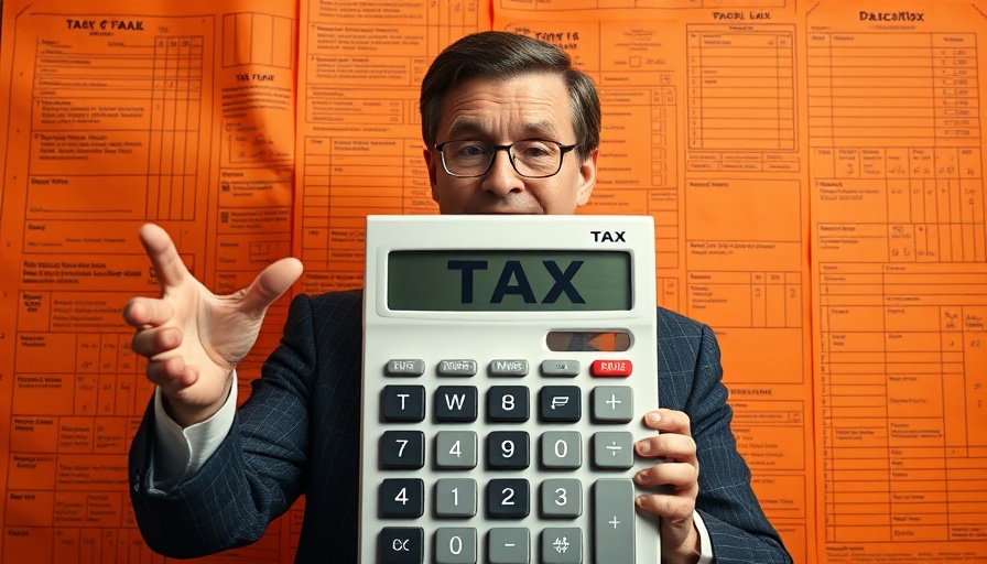 Political figure promoting tax cuts with a calculator, tax form background.